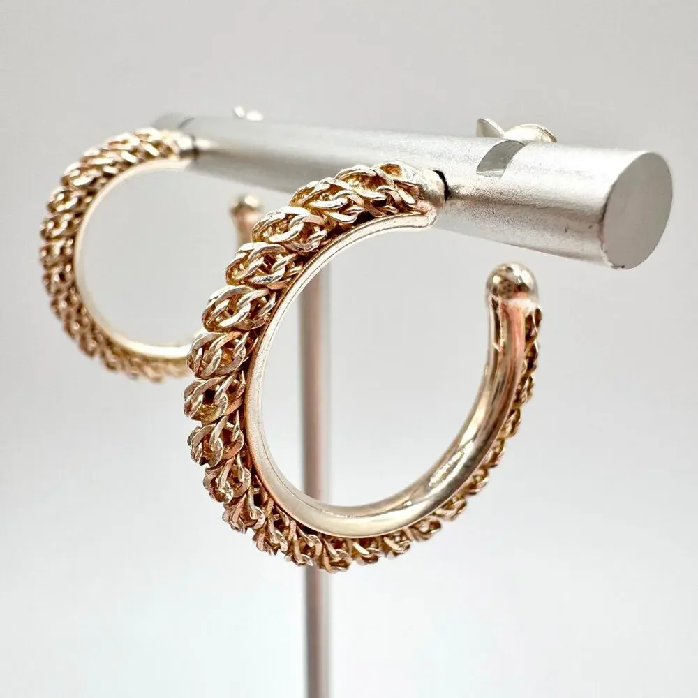 Italian 925 Sterling Silver Chain Hoop Earrings 1 1/8” Acid Tested Signed 6.86 g